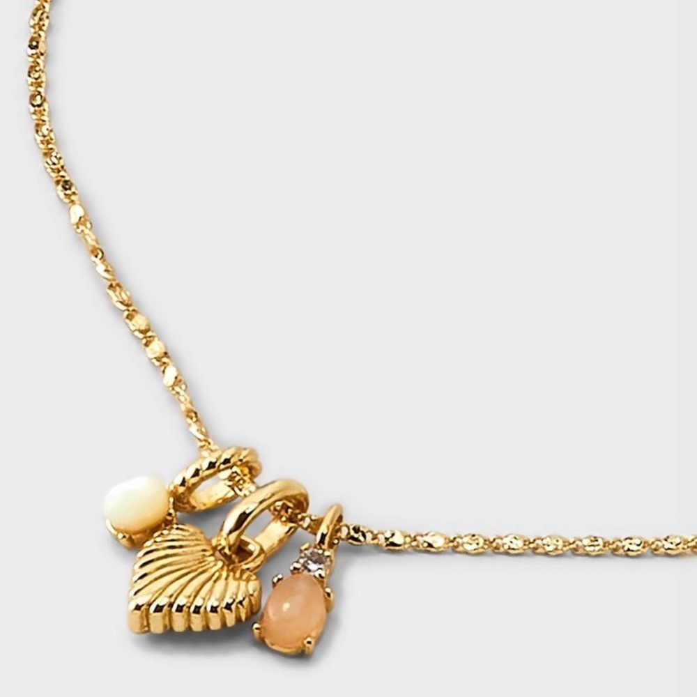 14K Gold Dipped Heart with Rose Quartz, Cubic Zirconia, Mother of Pearl Necklace - Picture 4 of 4